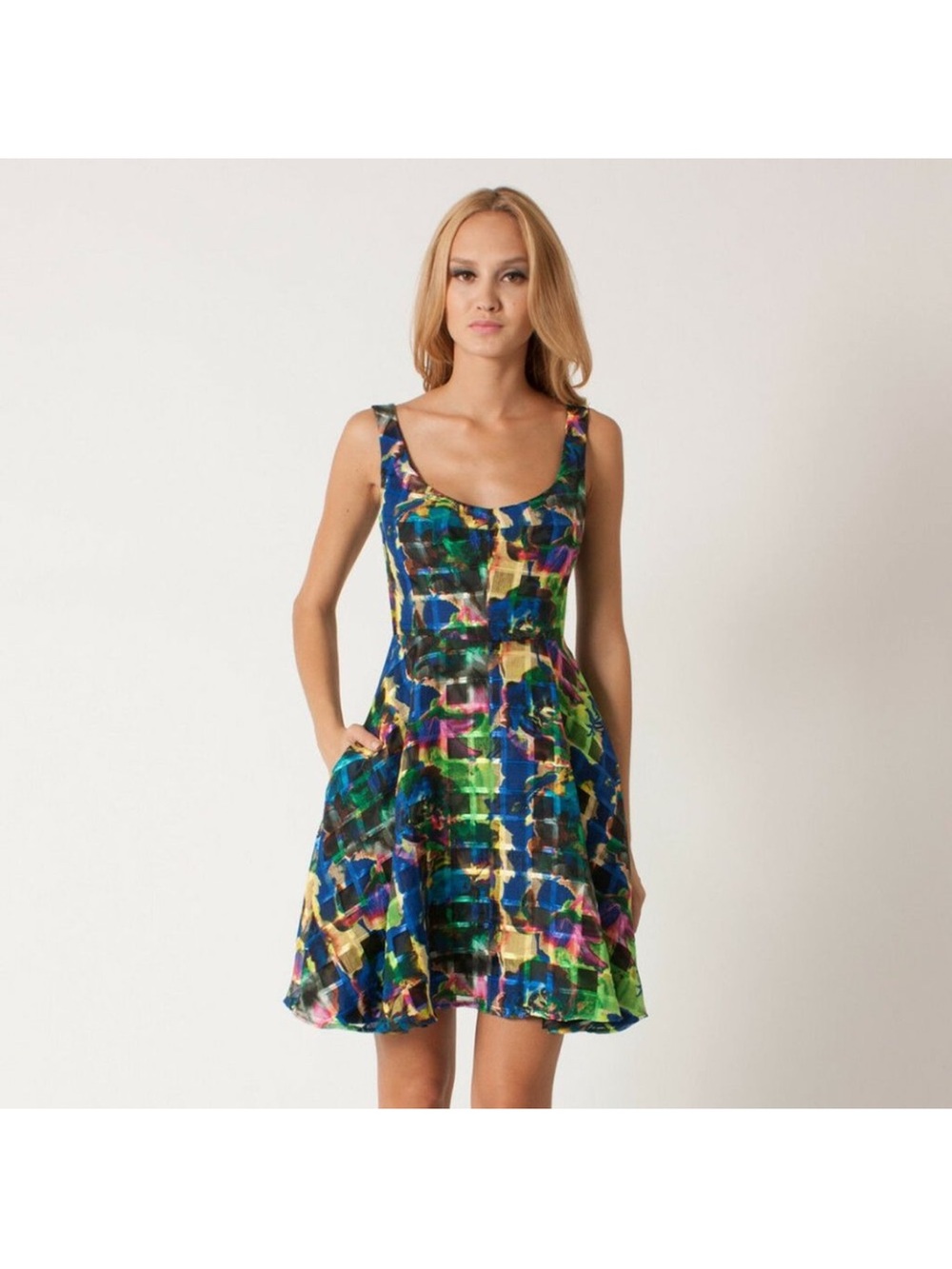 Black Halo Blue Green Multicolor Scoop-Neck Mini Dress sz 6